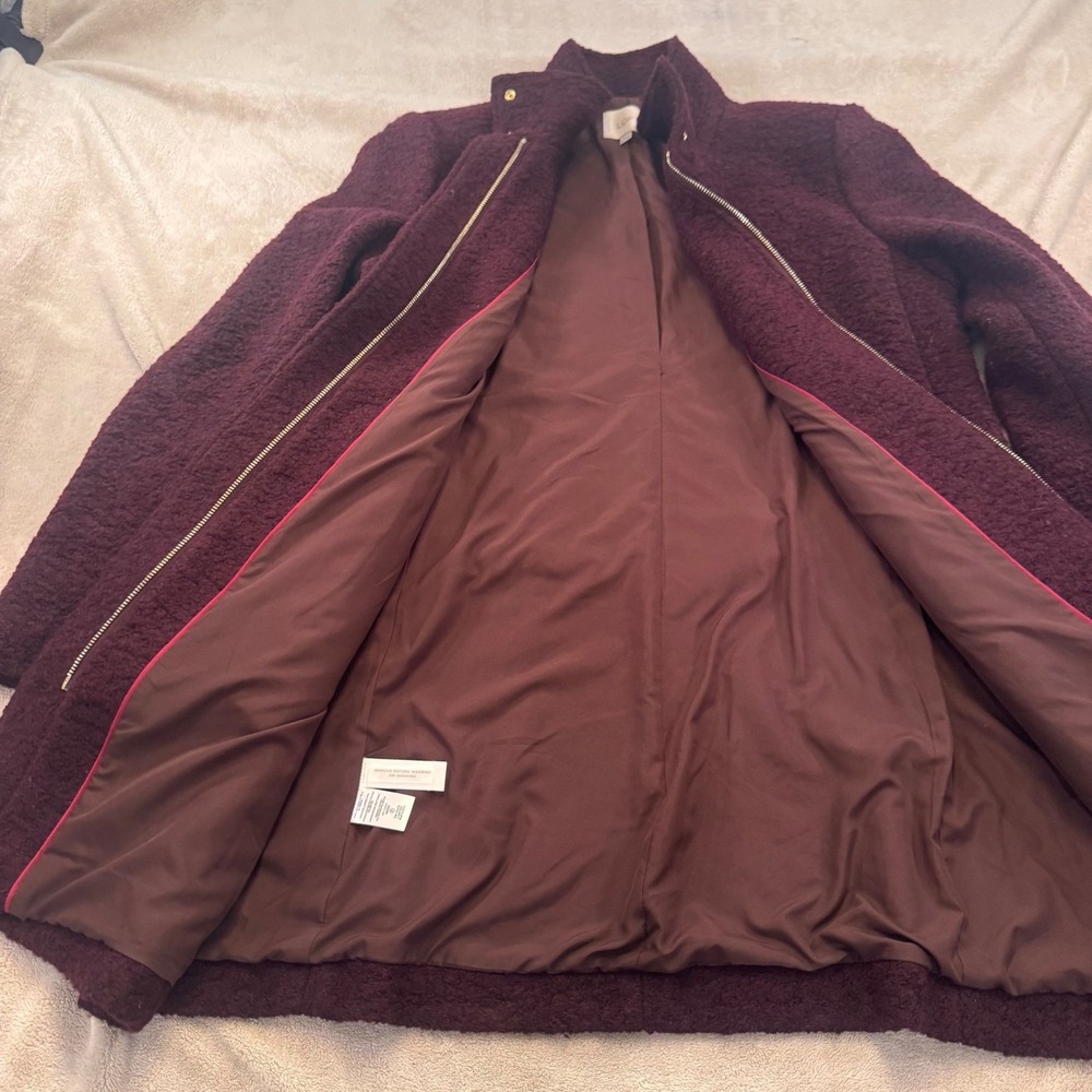 LOFT Burgundy Boucle Long Coat Gold Hardware Funnel Neck Fall Jacket SZ L - Picture 7 of 14